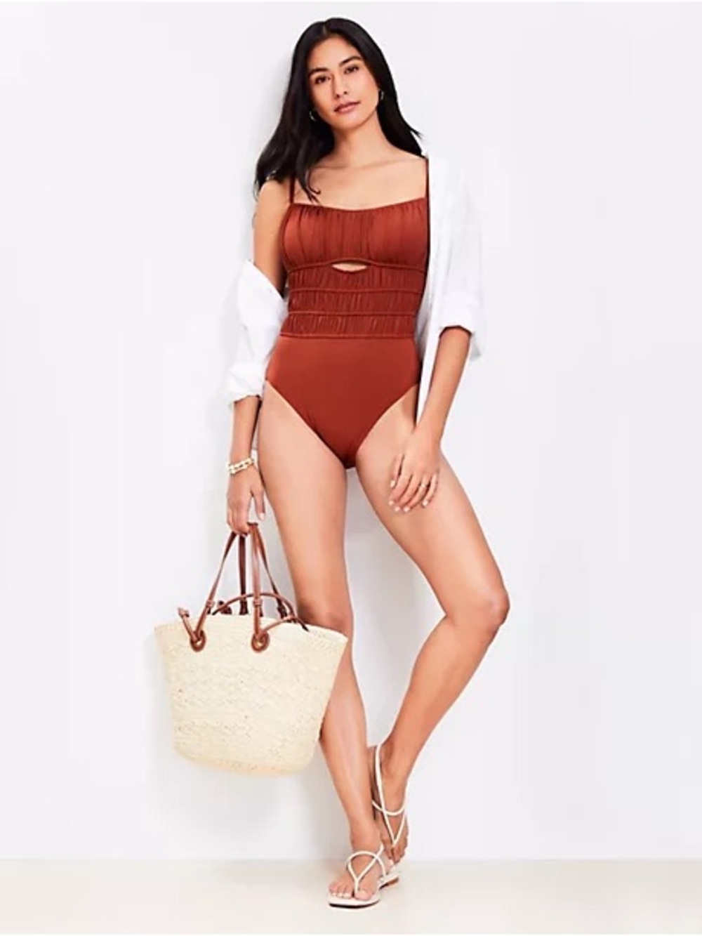 LOFT Beach Cinched Front One Piece Swimsuit Ruched bodice Cutout Size Large